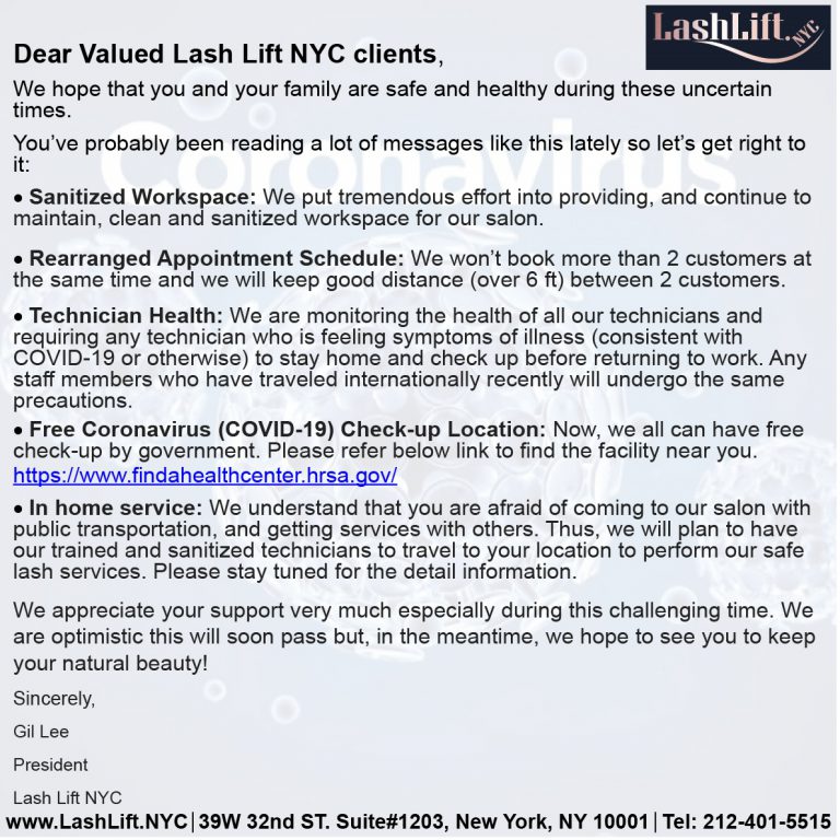 Important COVID-19 Update from Lash Lift NYC.